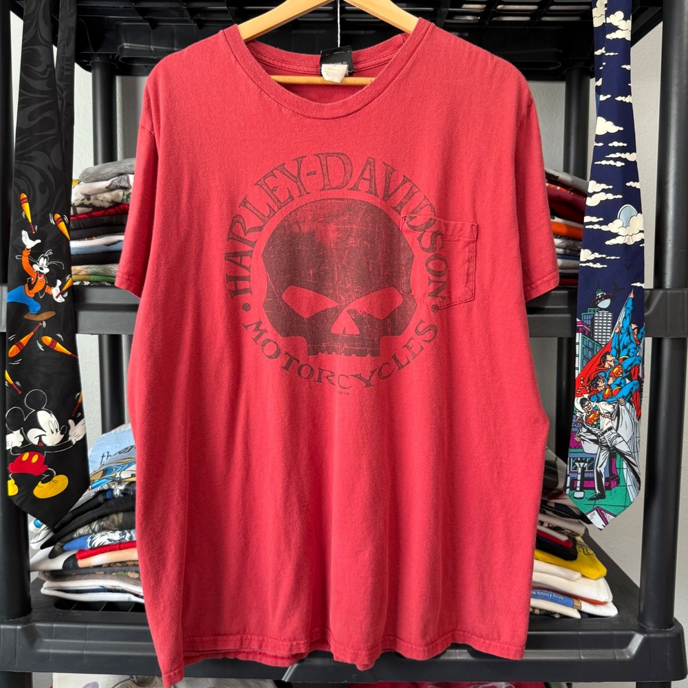 Red Harley-Davidson Motown Detroit Skull Pocket T-Shirt XL